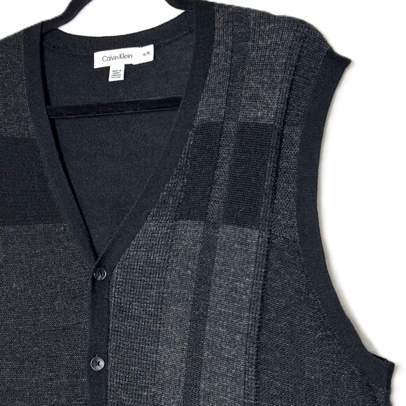 Calvin Klein Sweater Vest Men's XL Black/Gray Merino Wool Blend Striped Cardigan - Picture 2 of 8